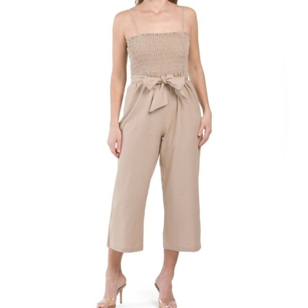 House of Harlow 1960 | beige linen blend cropped jumpsuit lightweight smocked S